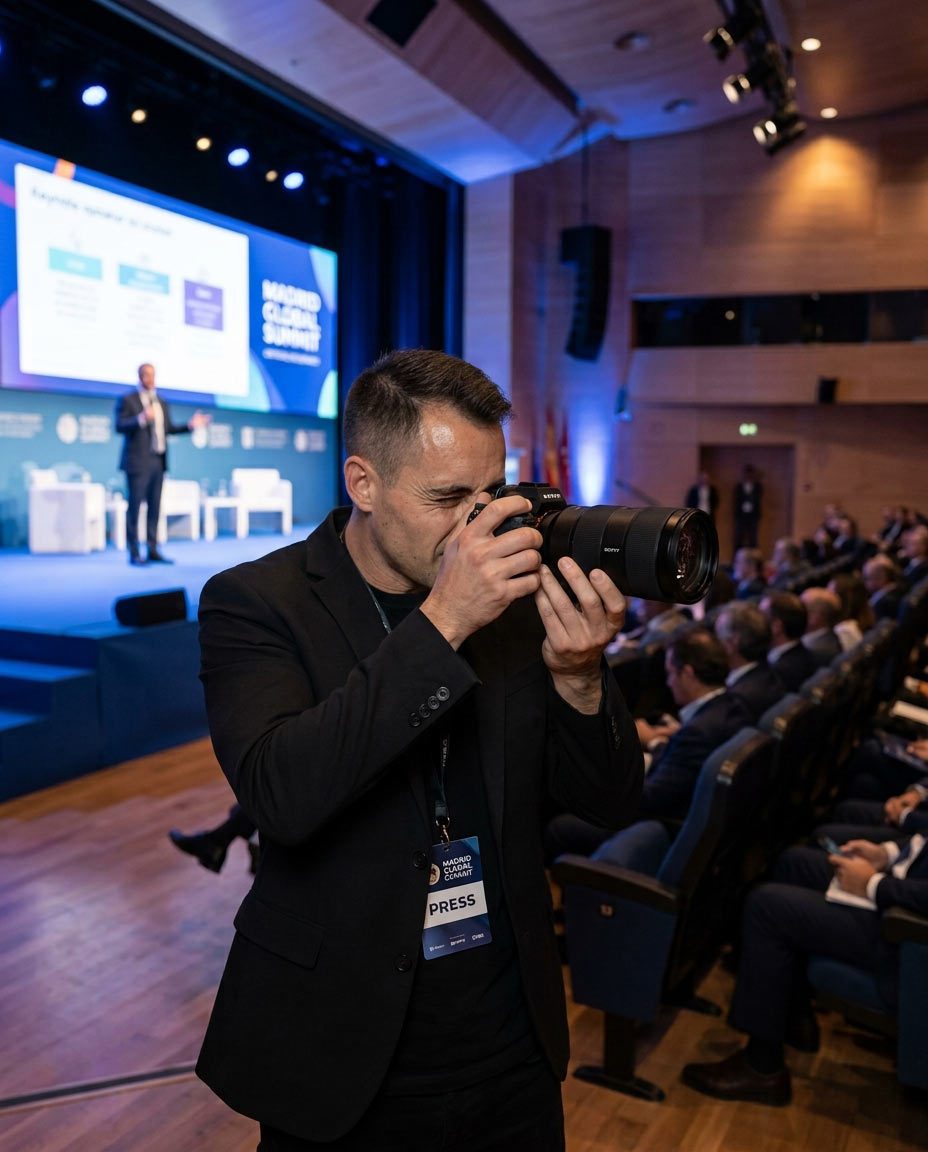 Fotógrafo cubriendo un evento profesional en Madrid